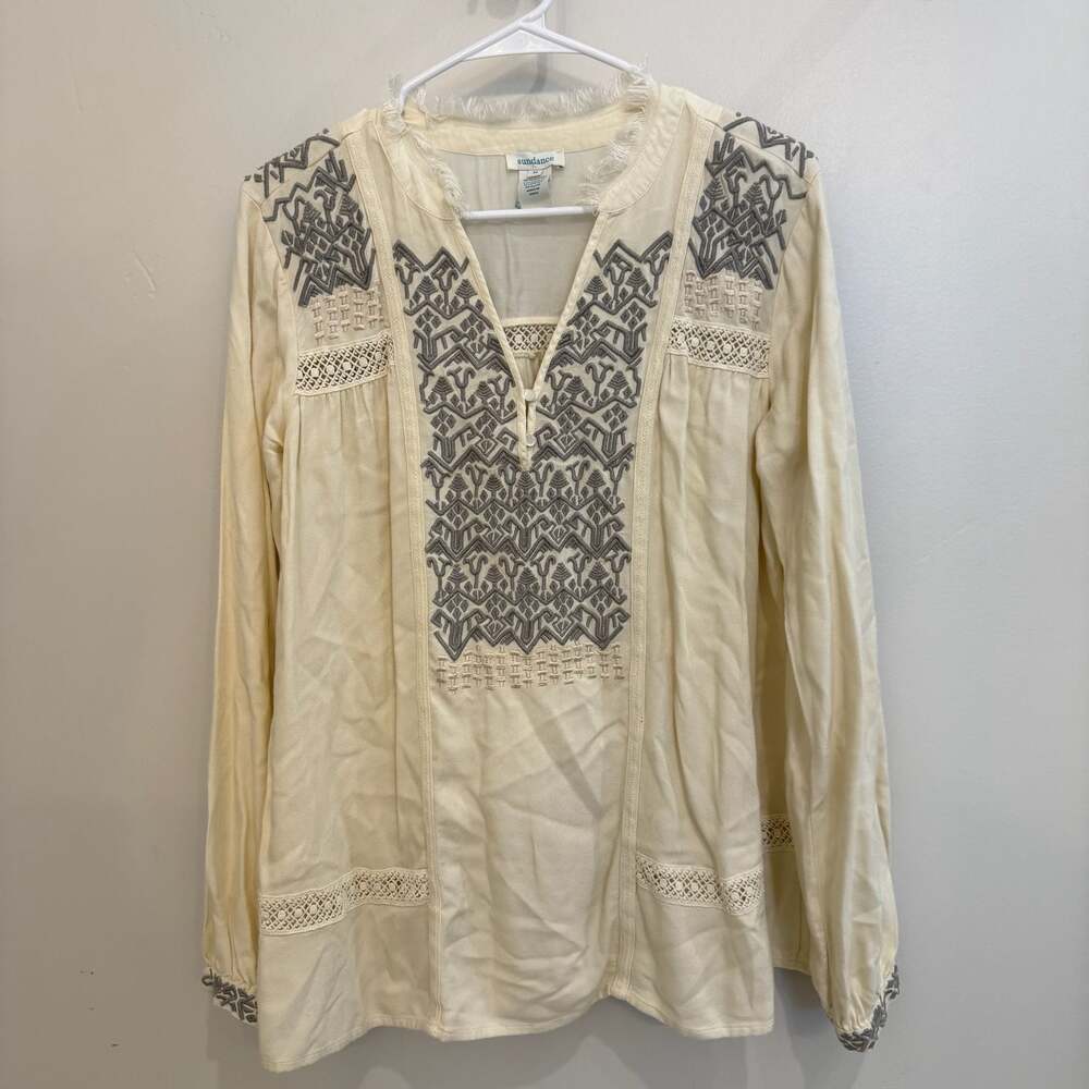 Sundance Women's Embroidered Boho Tunic Blouse Cream with Fringe Collar medium